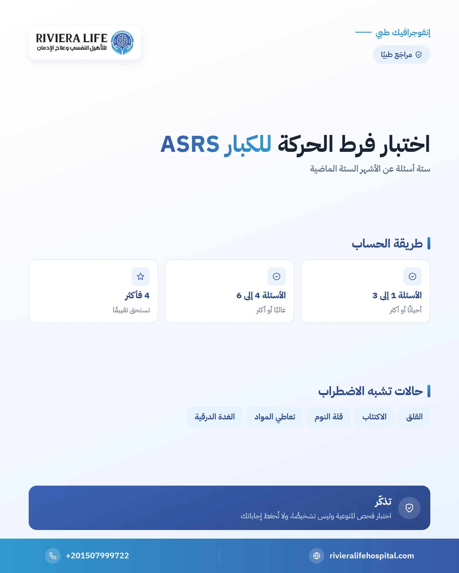 اختبار فرط الحركة وتشتت الانتباه للكبار ASRS: ستة أسئلة من منظمة الصحة العالمية 1 إنفوجرافيك: اختبار فرط الحركة وتشتت الانتباه للكبار ASRS — ريفيرا لايف