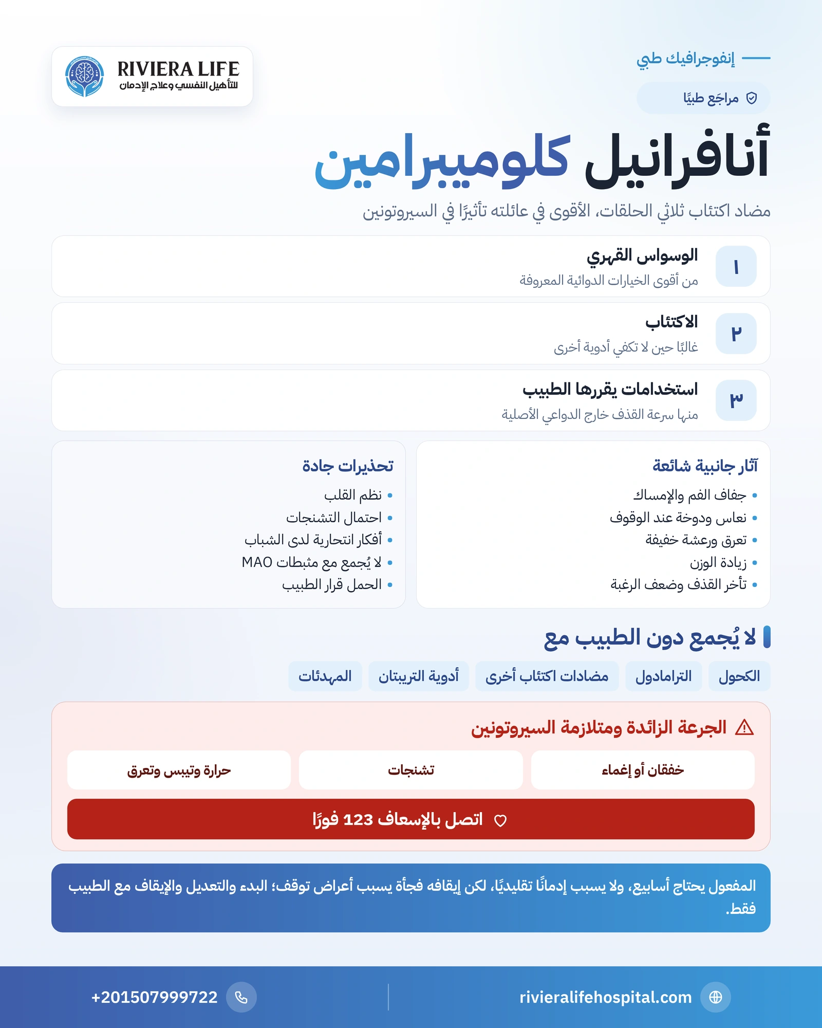 أنافرانيل وسوبرانيل (كلوميبرامين): الاستخدامات والآثار الجانبية والتحذيرات 1 إنفوجرافيك استخدامات أنافرانيل وآثاره الجانبية وتحذيراته وعلامات الطوارئ — ريفيرا لايف