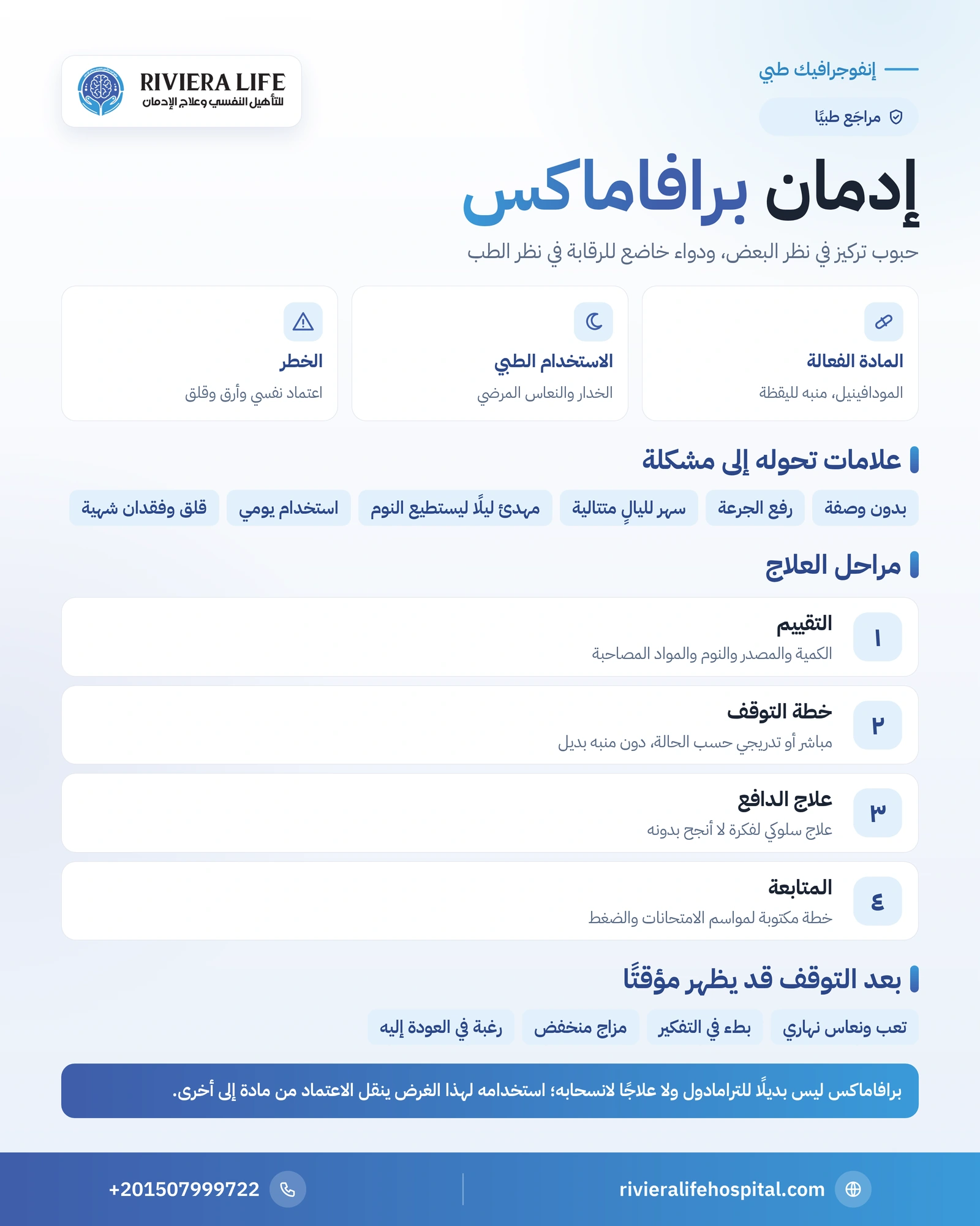 علاج إدمان دواء برافاماكس: خطوات التوقف الآمن وتجنب الانتكاس 1 إنفوجرافيك علامات إساءة استخدام برافاماكس وأعراض التوقف ومراحل العلاج — ريفيرا لايف