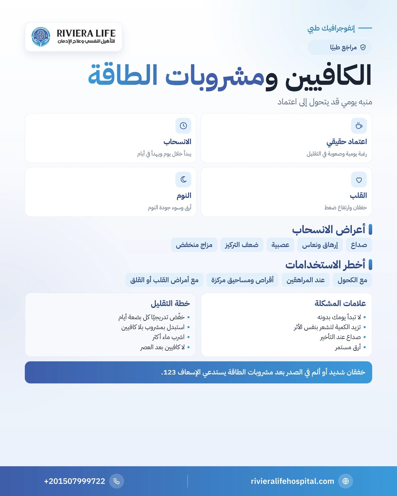 إدمان الكافيين ومشروبات الطاقة: الاعتماد والانسحاب والأضرار وكيف تقلل 1 إنفوجرافيك إدمان الكافيين ومشروبات الطاقة: كمية الكافيين والأضرار وأعراض الانسحاب وخطة التقليل — ريفيرا لايف