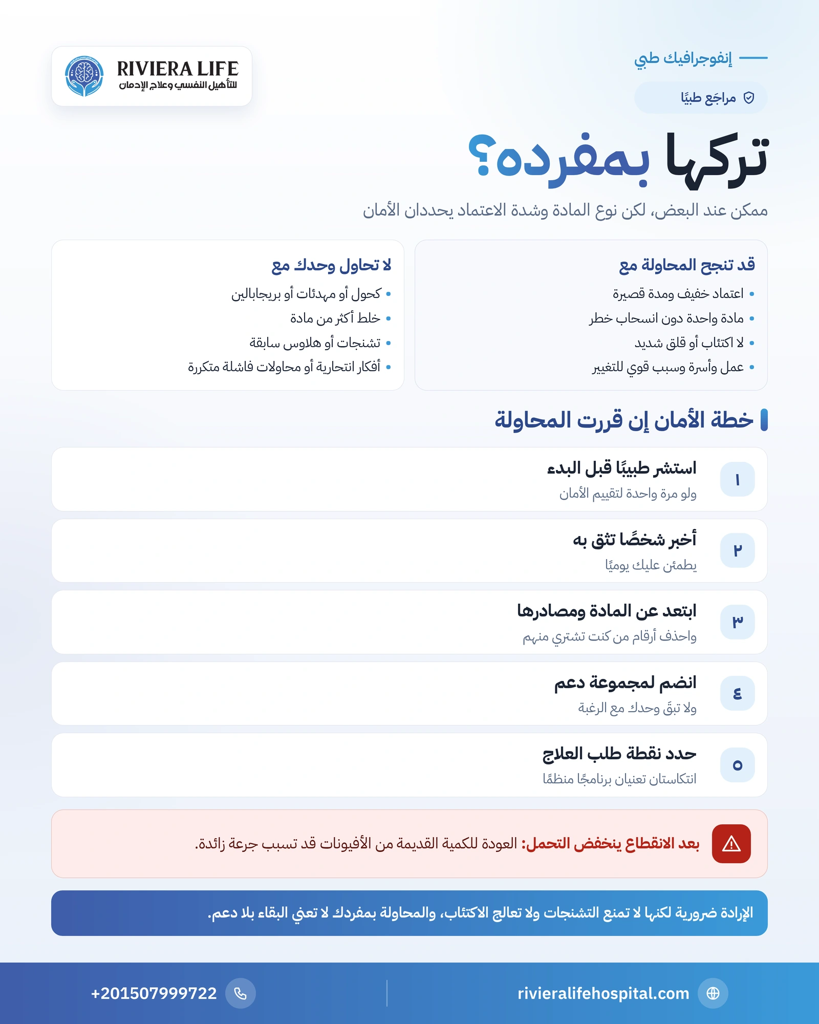 هل يستطيع مدمن المخدرات تركها بمفرده؟ متى ينجح ومتى يكون خطرًا 1 إنفوجرافيك متى يمكن ترك المخدرات بمفردك ومتى يكون خطرًا وخطة الأمان للمحاولة الفردية — ريفيرا لايف