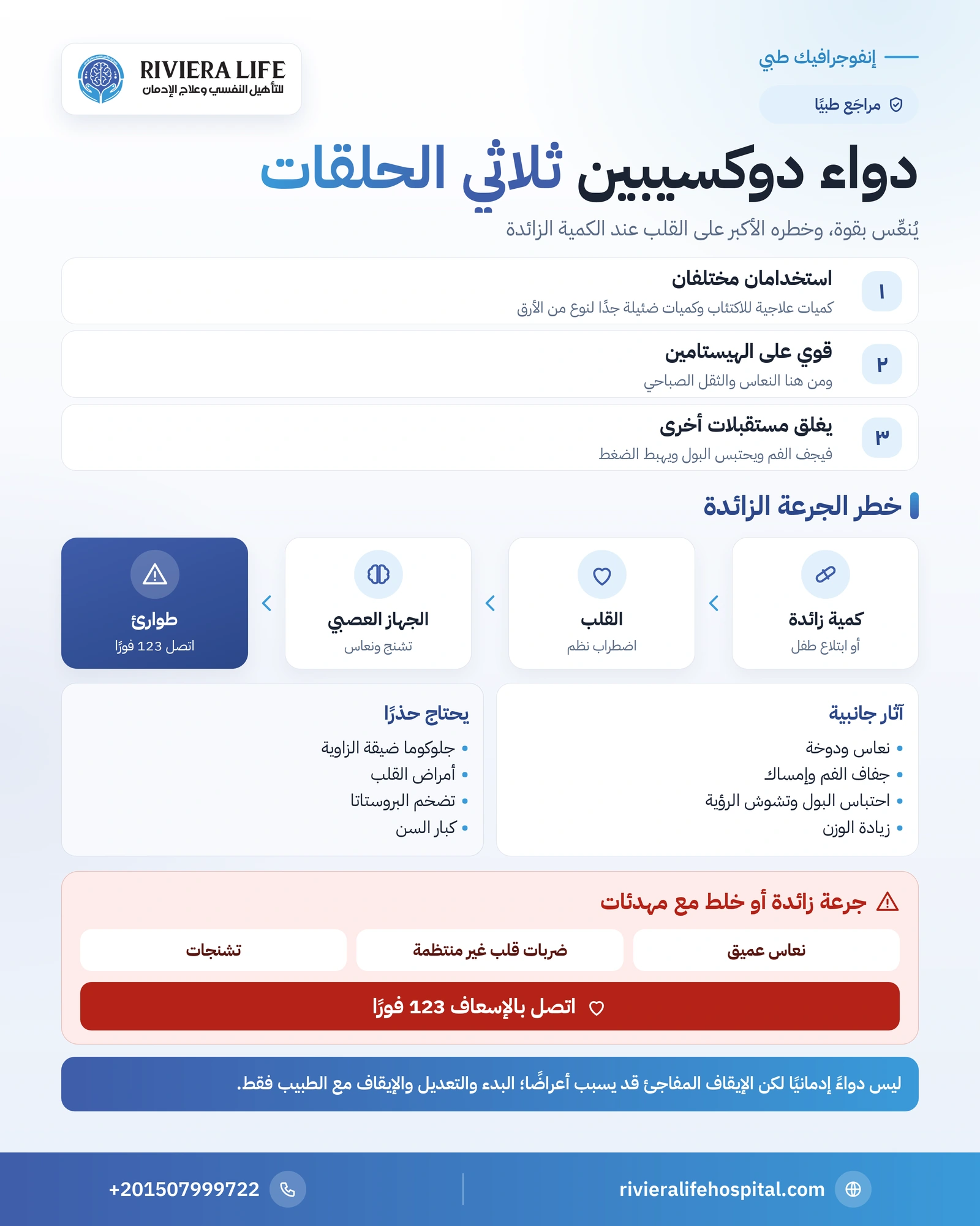 دواء دوكسيبين: النعاس والاكتئاب وخطر الجرعة الزائدة والتحذيرات 1 إنفوجرافيك دواء دوكسيبين: استخداماته وآثاره وخطر الجرعة الزائدة على القلب وعلامات الطوارئ — ريفيرا لايف
