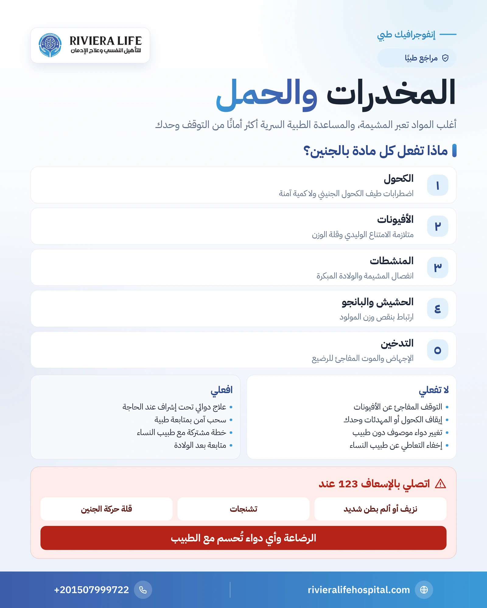 المخدرات والحمل: تأثير كل مادة على الجنين وكيف تحصلين على مساعدة آمنة 1 إنفوجرافيك المخدرات والحمل: أثر كل مادة على الجنين والمولود ولماذا يكون التوقف تحت إشراف طبي — ريفيرا لايف