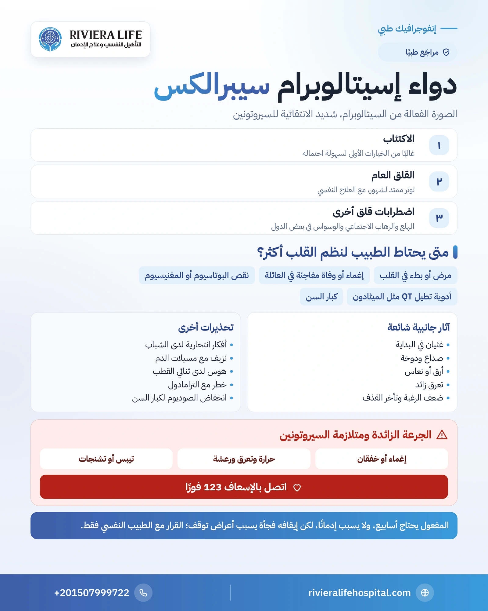 إنفوجرافيك دواء إسيتالوبرام: الاستخدامات والآثار الجانبية وعوامل خطر نظم القلب وعلامات الطوارئ — ريفيرا لايف