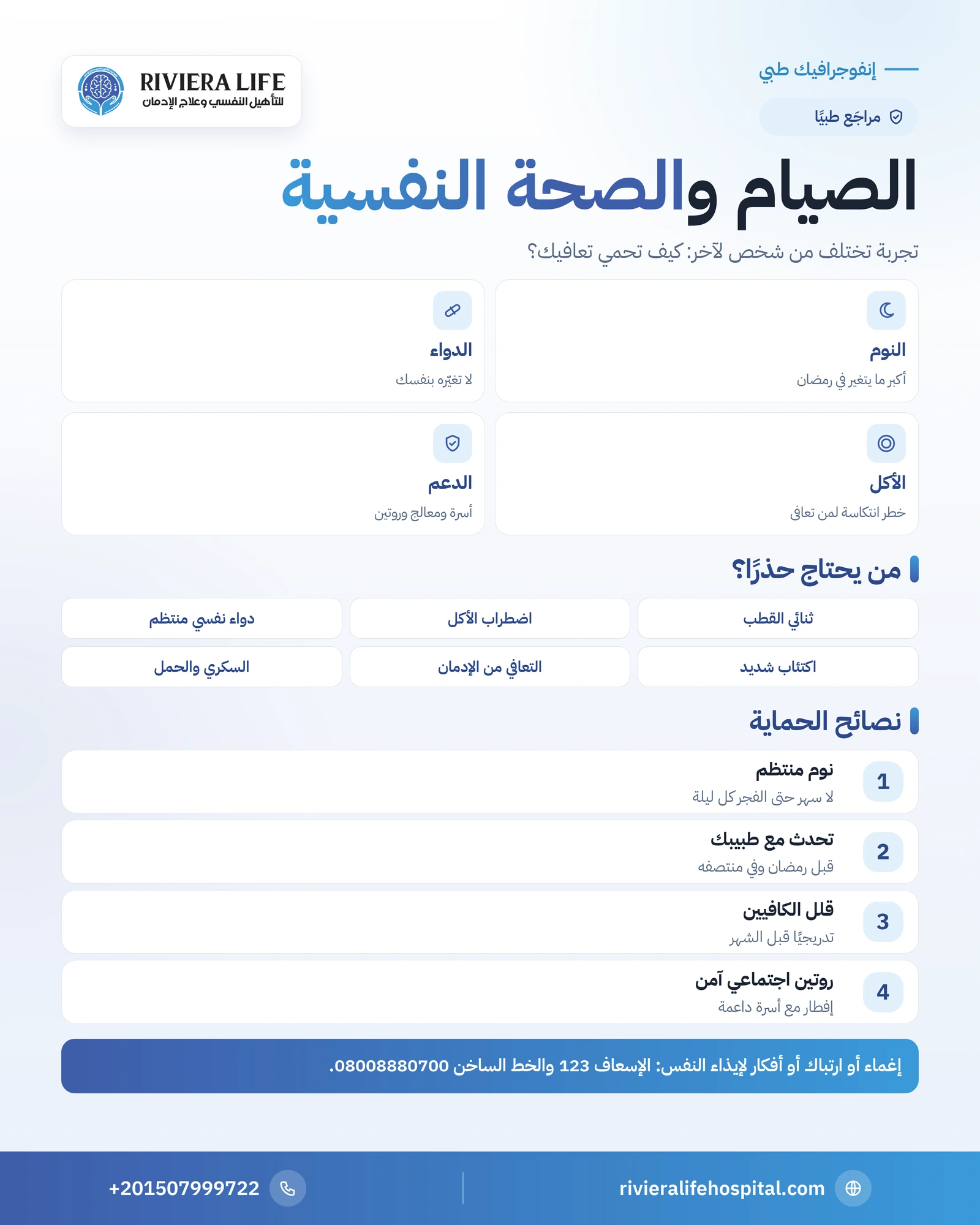الصيام والصحة النفسية والتعافي: من يحتاج حذرًا وكيف تحمي تعافيك؟ 1 إنفوجرافيك الصيام والصحة النفسية: الأثر على المزاج والنوم، ومن يحتاج حذرًا، ونصائح حماية التعافي — ريفيرا لايف