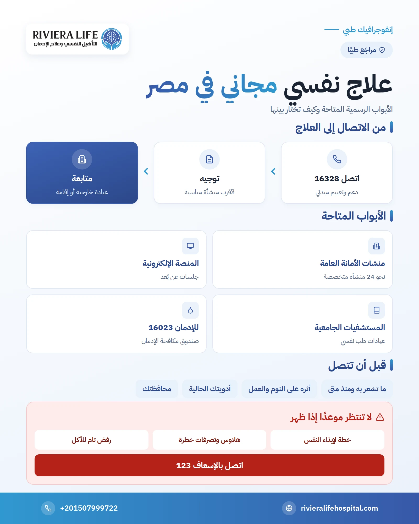 علاج نفسي مجاني في مصر: الخط الساخن 16328 والعيادات الحكومية والجلسات عن بُعد 1 إنفوجرافيك: أبواب العلاج النفسي المجاني في مصر والخط الساخن 16328 وكيف تبدأ — ريفيرا لايف