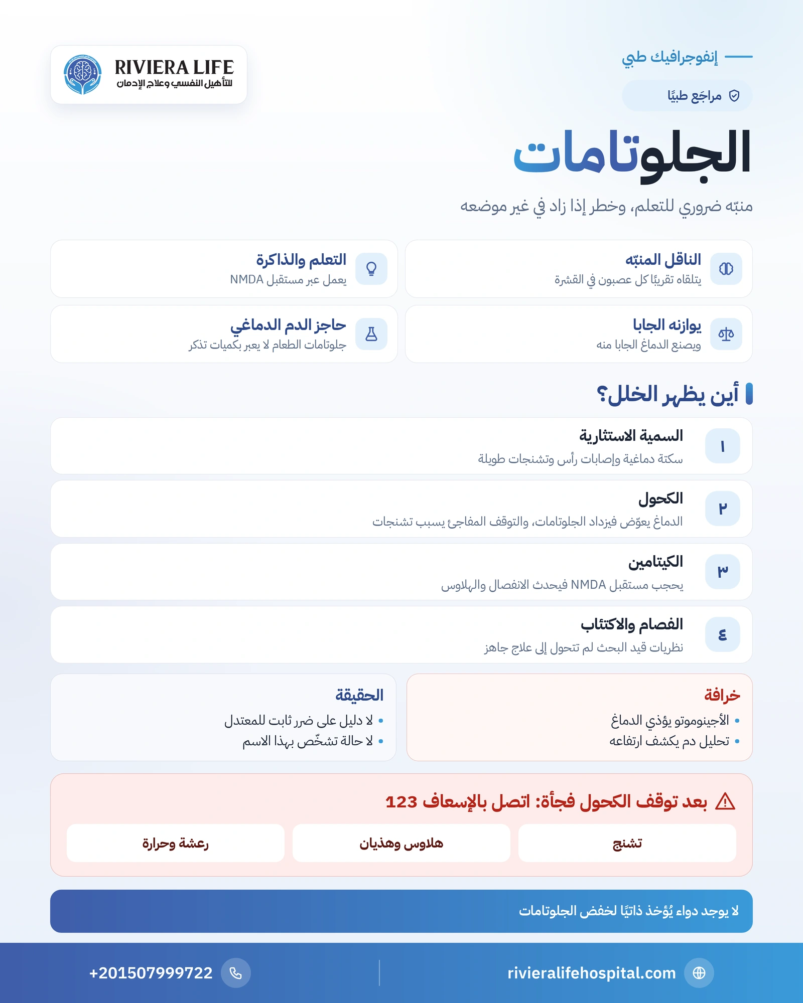 الجلوتامات: الناقل المنبّه في الدماغ وصلته بالكيتامين والكحول 1 إنفوجرافيك الجلوتامات: وظائفه ومستقبلات NMDA والسمية الاستثارية والكيتامين والكحول والأدوية المرتبطة به — ريفيرا لايف