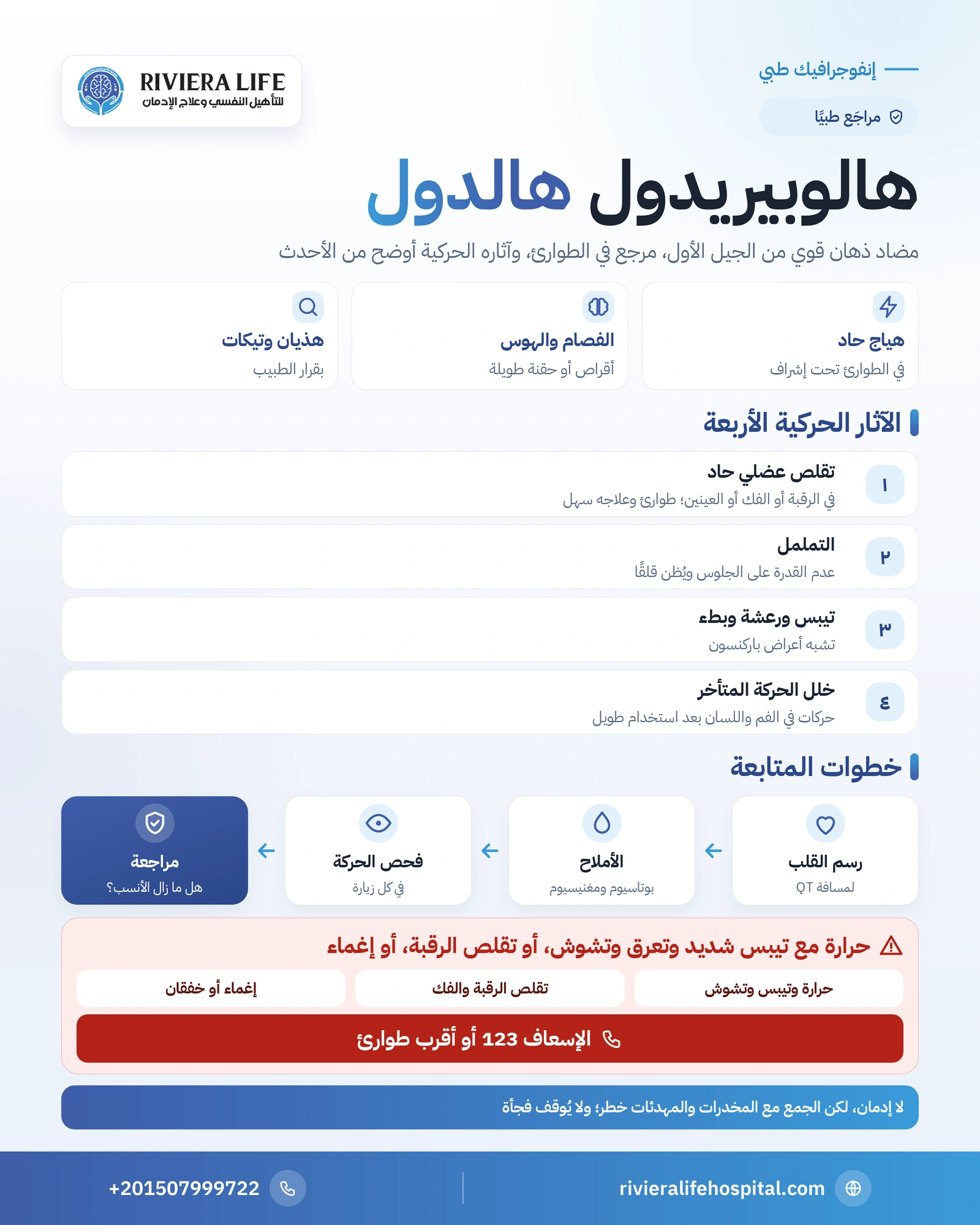 دواء هالوبيريدول (هالدول): الاستخدامات والآثار الحركية والتحذيرات 1 إنفوجرافيك دواء هالوبيريدول: الهياج الحاد والفصام والآثار الحركية والقلب وعلامات الطوارئ — ريفيرا لايف