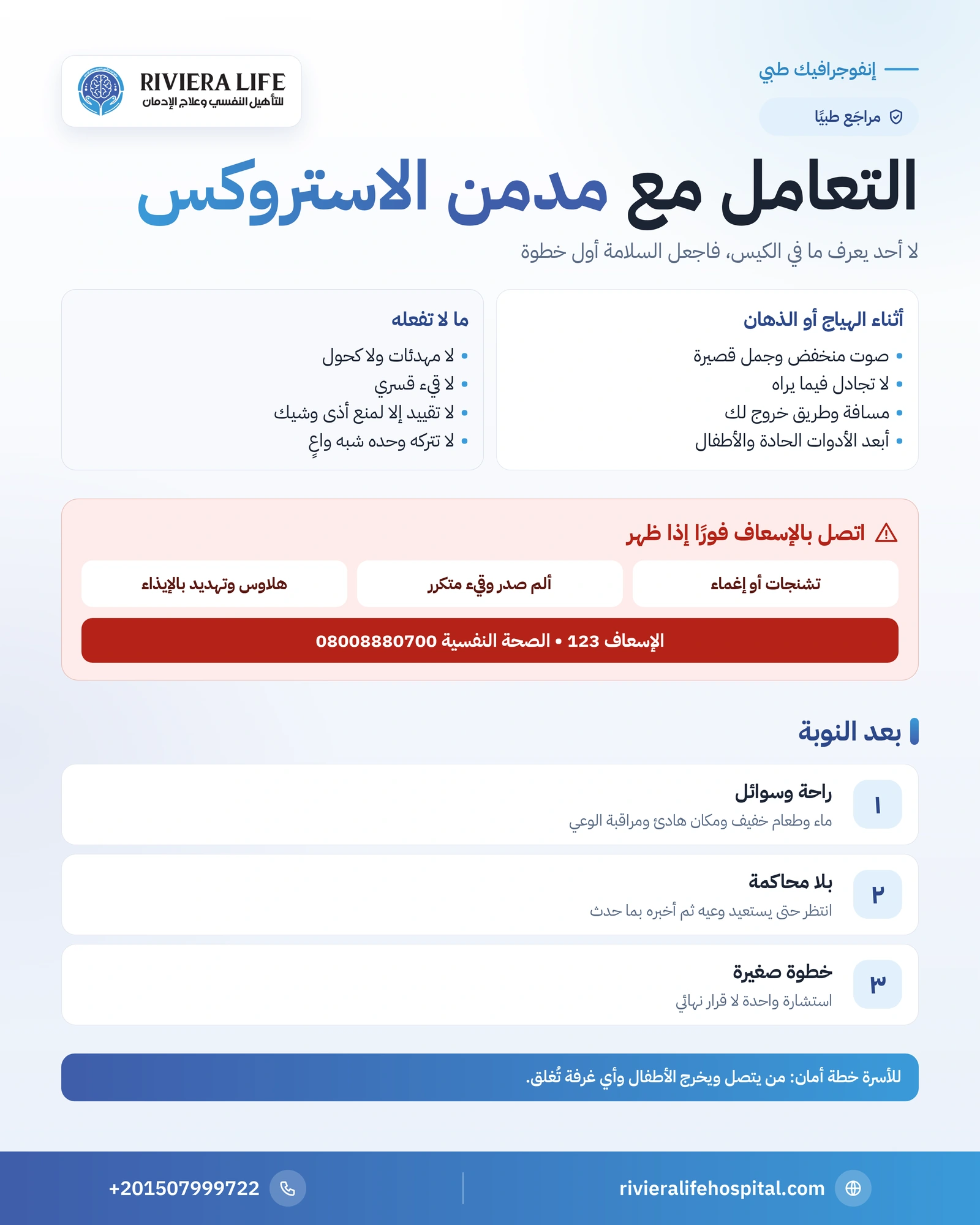 إنفوجرافيك التعامل مع مدمن الاستروكس: خطوات السلامة أثناء الهياج والذهان وعلامات الإسعاف وما بعد النوبة وفتح حديث العلاج — ريفيرا لايف
