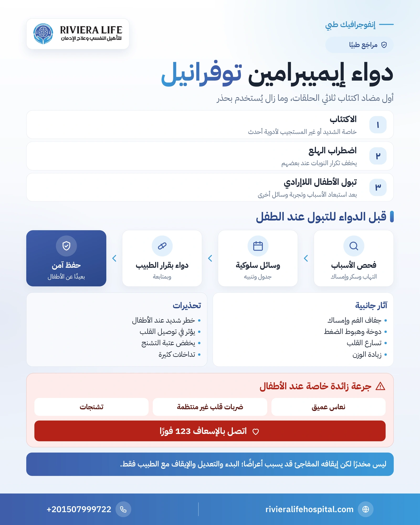دواء إيميبرامين (توفرانيل): الاكتئاب والهلع والتبول اللاإرادي للأطفال 1 إنفوجرافيك دواء إيميبرامين: استخداماته وخطره على الأطفال في الجرعة الزائدة وعلامات الطوارئ — ريفيرا لايف