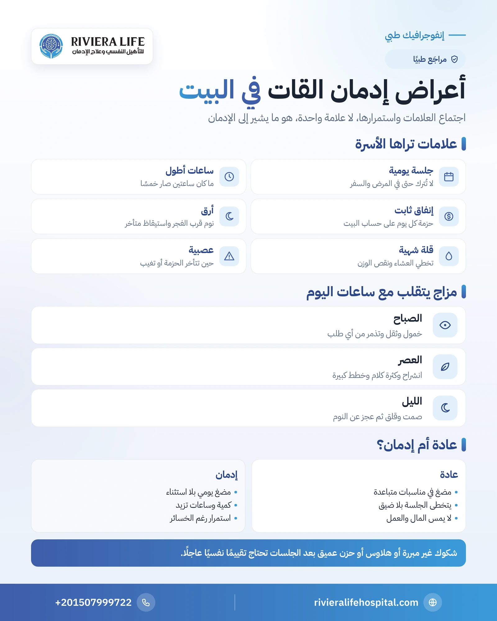 أعراض إدمان القات: علامات تراها الأسرة ومتى تتحول العادة إلى إدمان 1 إنفوجرافيك أعراض إدمان القات: علامات الجلسة اليومية والجسد والمزاج والمال، والفرق بين العادة والإدمان — ريفيرا لايف