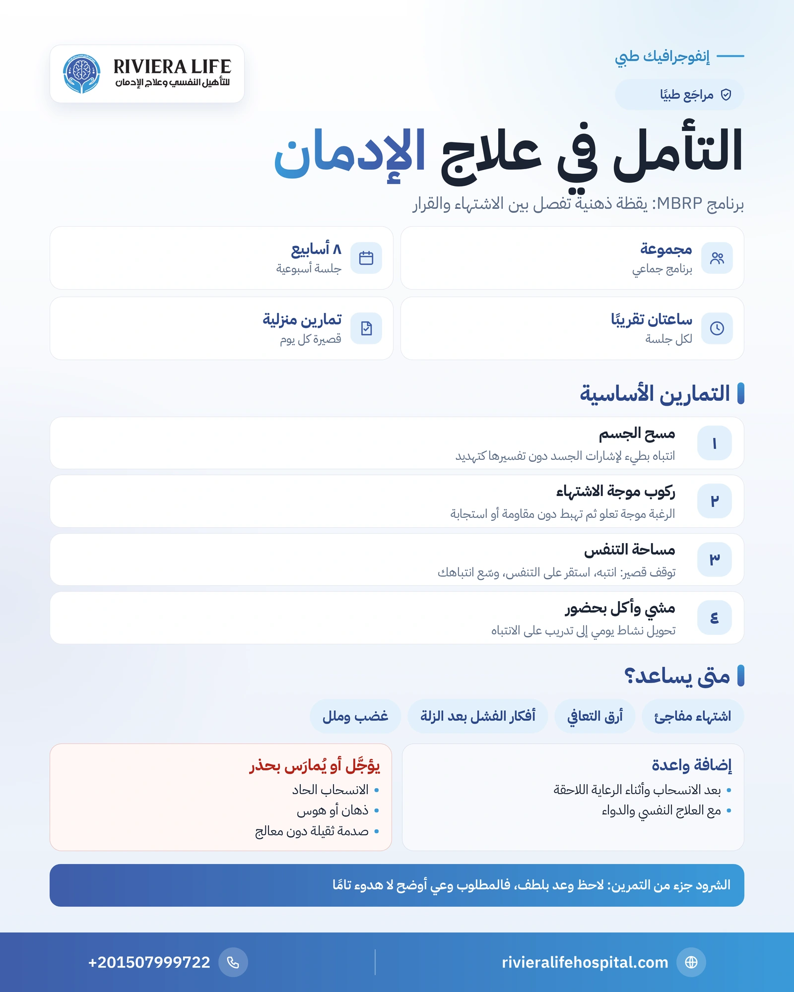 التأمل في علاج الإدمان: برنامج MBRP وتمارينه ومتى يُؤجَّل 1 إنفوجرافيك التأمل في علاج الإدمان: برنامج MBRP وتمارينه ومتى يُؤجَّل — ريفيرا لايف