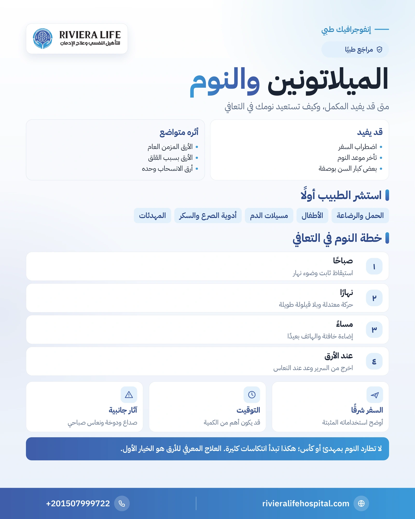 الميلاتونين والنوم: متى يفيد المكمل وكيف تنام في التعافي؟ 1 إنفوجرافيك الميلاتونين والنوم: متى قد يفيد المكمل ومن يحذر منه وخطة النوم في التعافي من الإدمان — ريفيرا لايف