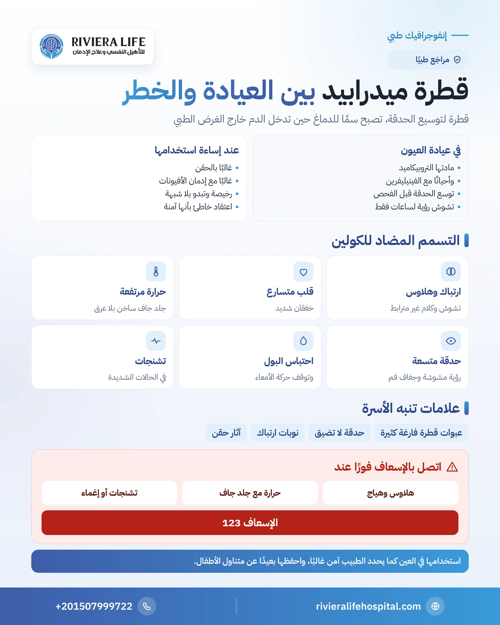 قطرة ميدرابيد: استخدامها الطبي وخطر إساءة استخدامها والتسمم بها 1 إنفوجرافيك قطرة ميدرابيد: الاستخدام الطبي في فحص العين وأعراض التسمم المضاد للكولين وعلامات الإساءة ومتى تتصل بالإسعاف — ريفيرا لايف