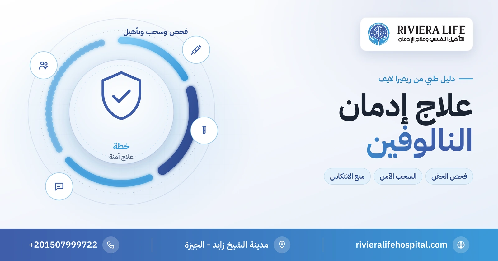علاج إدمان النالوفين: من فحص الحقن والفيروسات إلى منع الانتكاس 2 علاج إدمان النالوفين بالفحص والسحب الآمن والتأهيل — ريفيرا لايف
