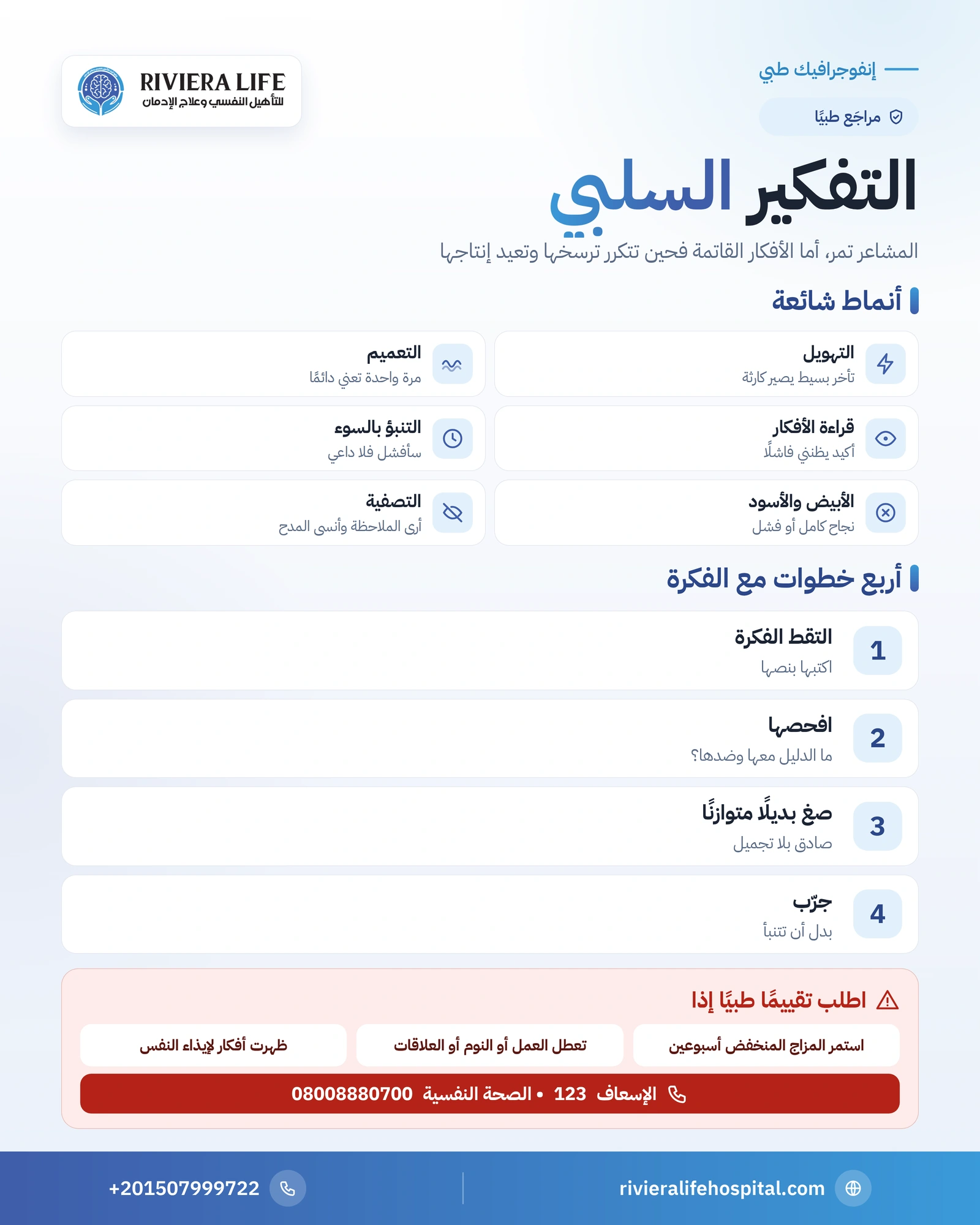 التفكير السلبي والمشاعر السلبية: أنماطه وكيف تتحرر منه 1 إنفوجرافيك التفكير السلبي: أشهر أنماطه وخمس خطوات لمعالجة الفكرة ومتى تحتاج مساعدة متخصصة — ريفيرا لايف