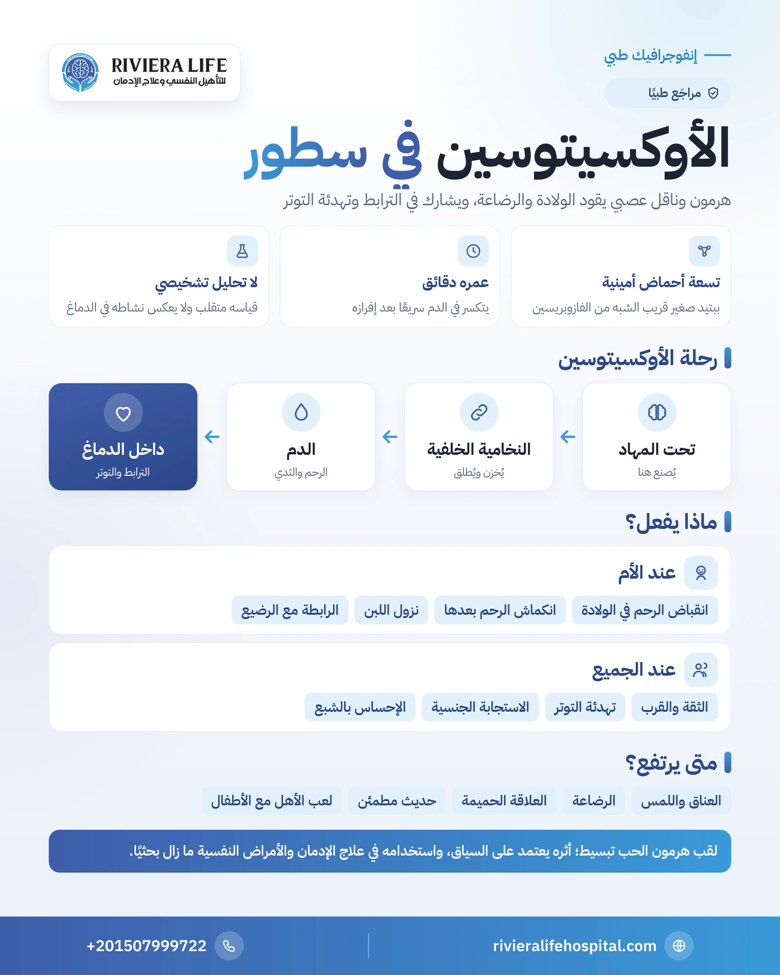 إنفوجرافيك الأوكسيتوسين: من منطقة تحت المهاد إلى الدم والدماغ ووظائفه ومتى يُفرز — ريفيرا لايف