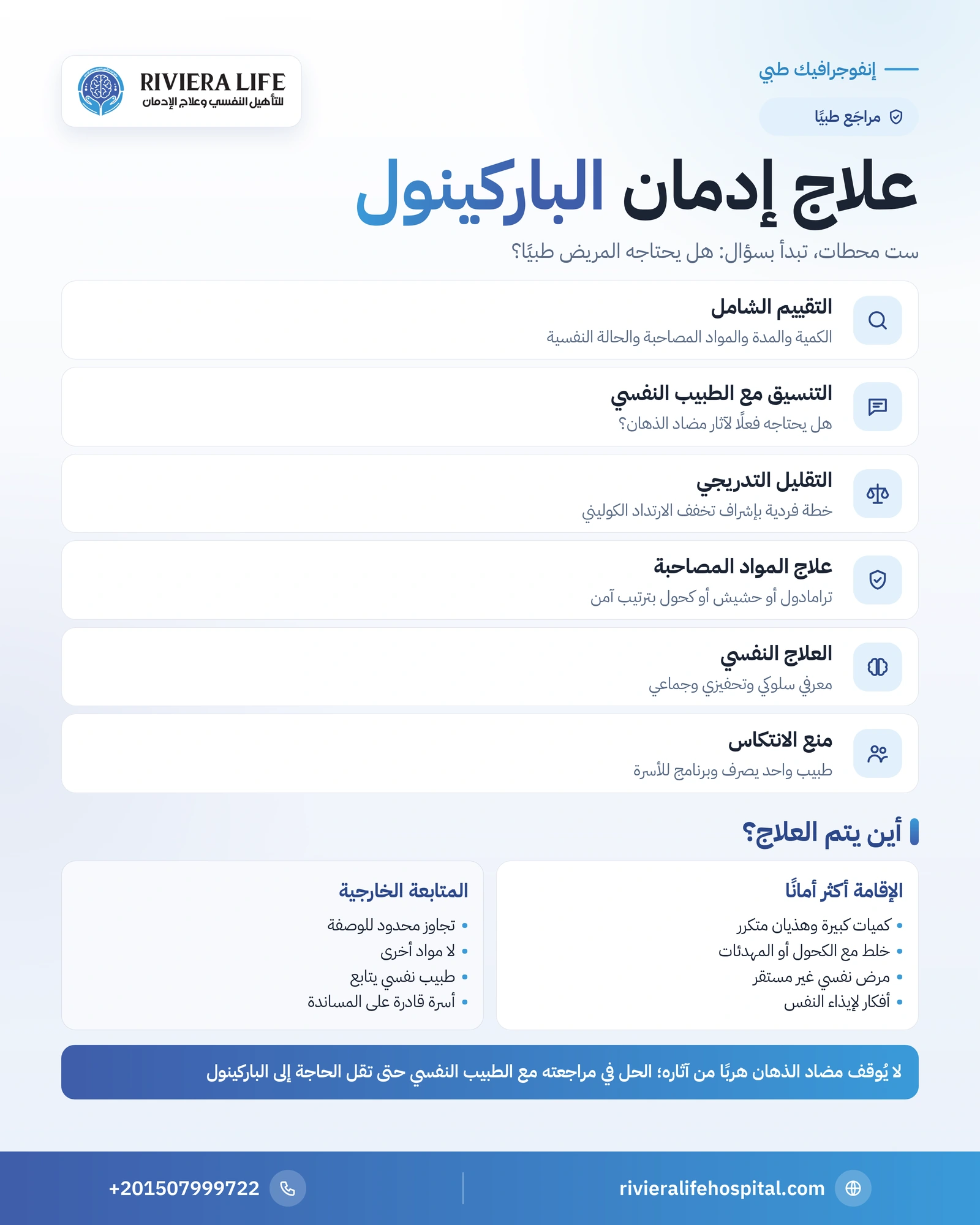 علاج إدمان الباركينول: التقييم مع الطبيب النفسي والتقليل التدريجي 1 إنفوجرافيك مراحل علاج إدمان الباركينول من التقييم والتنسيق مع الطبيب النفسي إلى التقليل التدريجي والعلاج النفسي — ريفيرا لايف