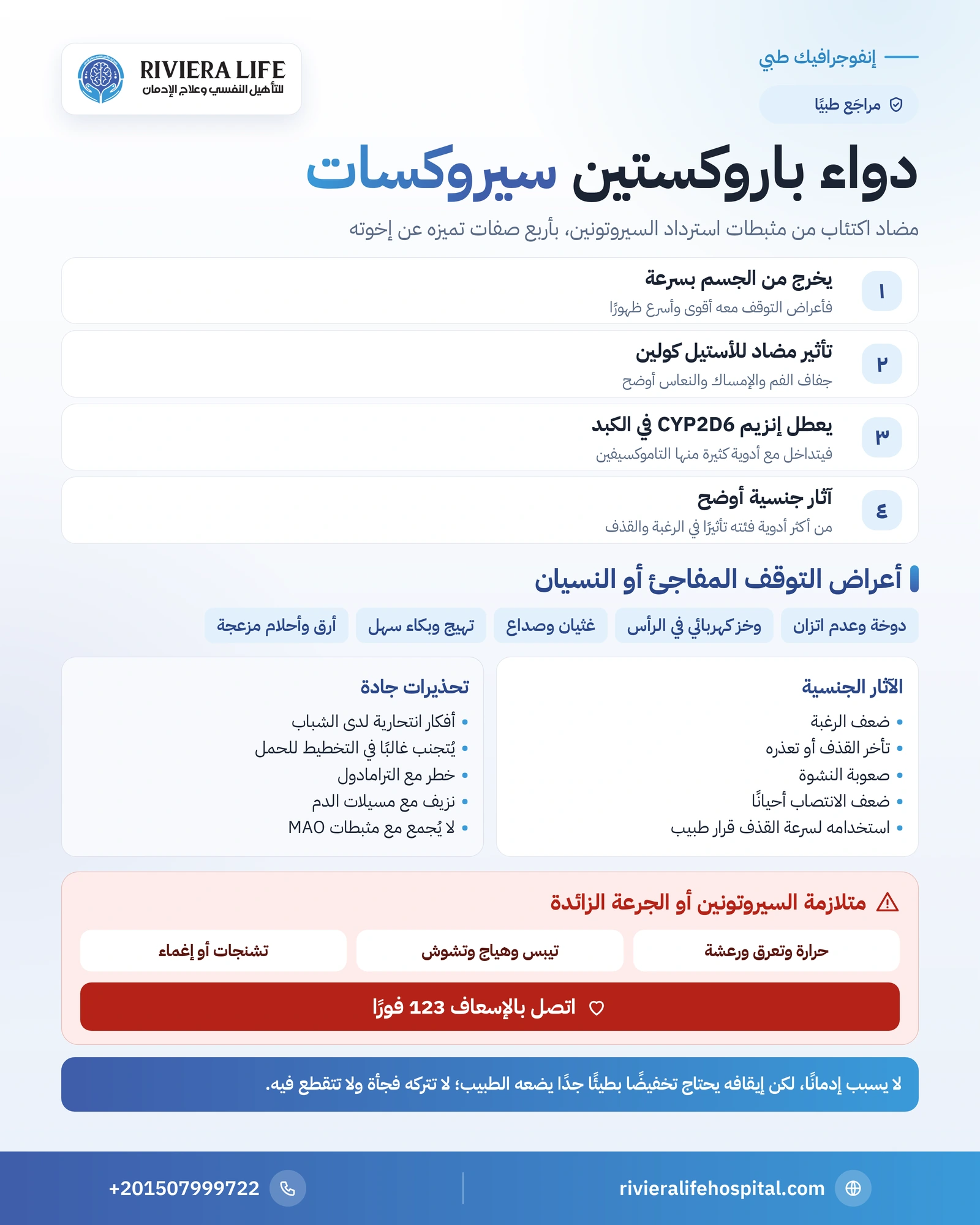 إنفوجرافيك دواء باروكستين: الاستخدامات وأعراض التوقف والآثار الجنسية والتحذيرات وعلامات الطوارئ — ريفيرا لايف