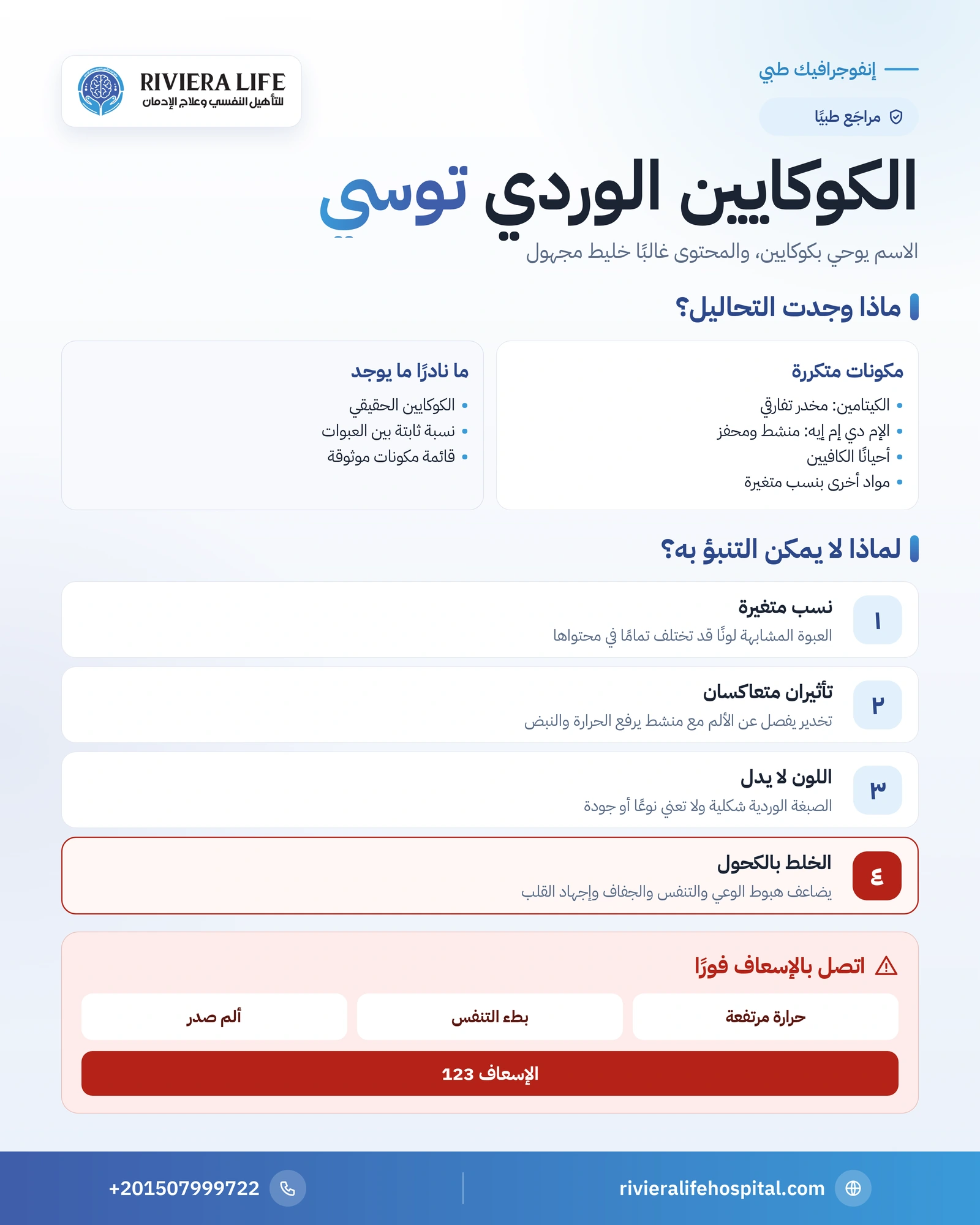 الكوكايين الوردي (توسي): ماذا يحوي ولماذا هو خطر لا يمكن التنبؤ به؟ 1 إنفوجرافيك الكوكايين الوردي توسي: مكوناته المحتملة وسبب عدم إمكانية التنبؤ بتأثيره ومخاطره وعلامات الطوارئ — ريفيرا لايف