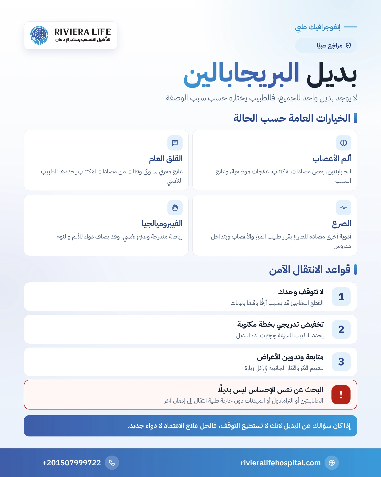 بديل البريجابالين: الخيارات الطبية حسب سبب الوصفة ومخاطر التبديل 1 إنفوجرافيك بدائل البريجابالين لألم الأعصاب والقلق والصرع والفيبروميالجيا وقواعد الانتقال الآمن — ريفيرا لايف