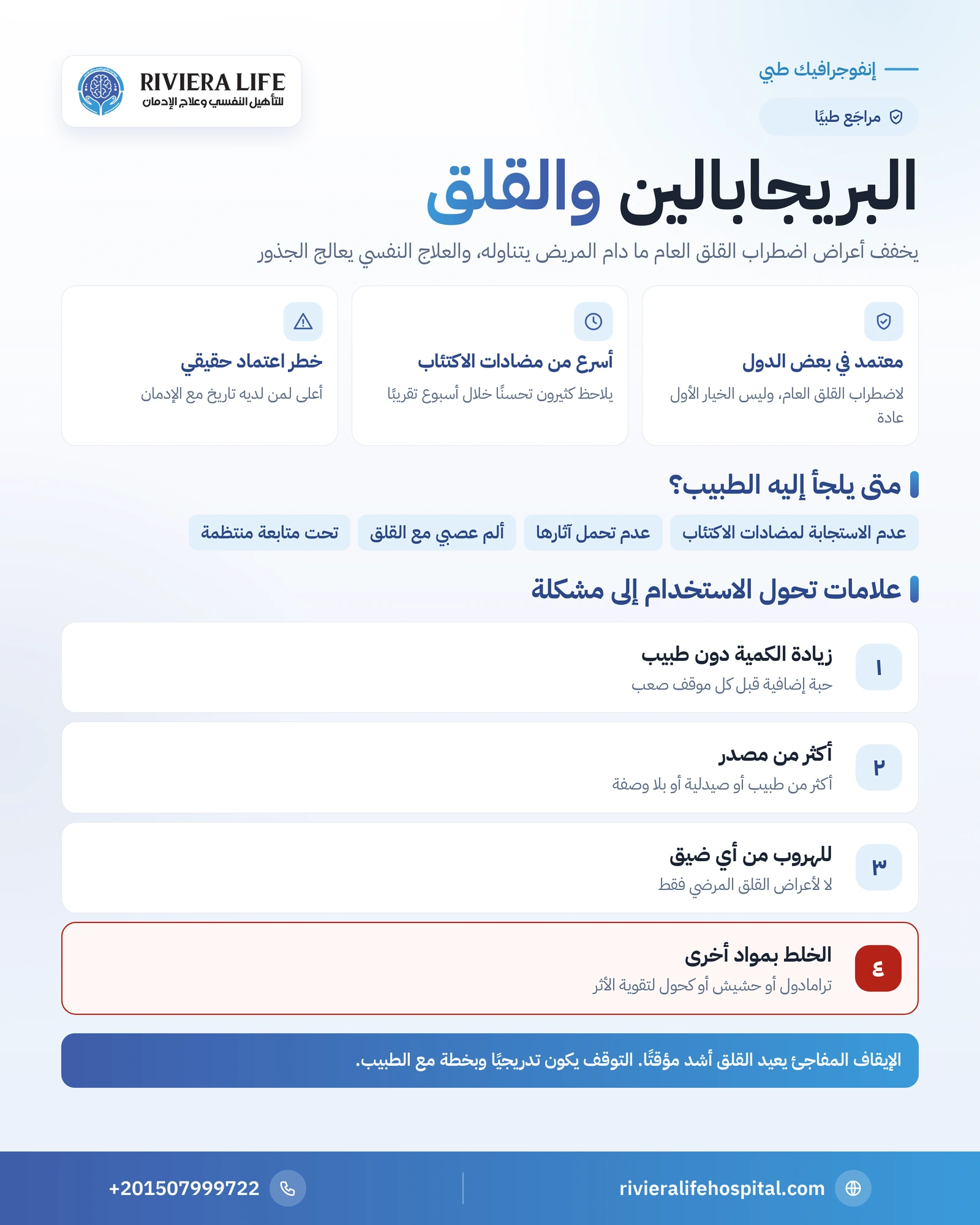 إنفوجرافيك البريجابالين والقلق: متى يُوصف وماذا يفعل وعلامات سوء الاستخدام — ريفيرا لايف