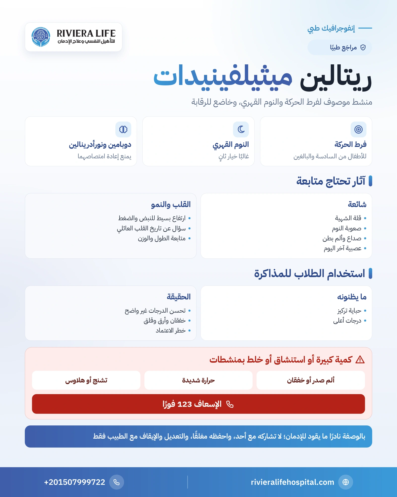 دواء ريتالين (ميثيلفينيدات): الاستخدامات والآثار الجانبية والإدمان 1 إنفوجرافيك دواء ريتالين: الاستخدامات وطريقة العمل والآثار الجانبية والقلب والشهية ومخاطر سوء الاستخدام عند الطلاب — ريفيرا لايف