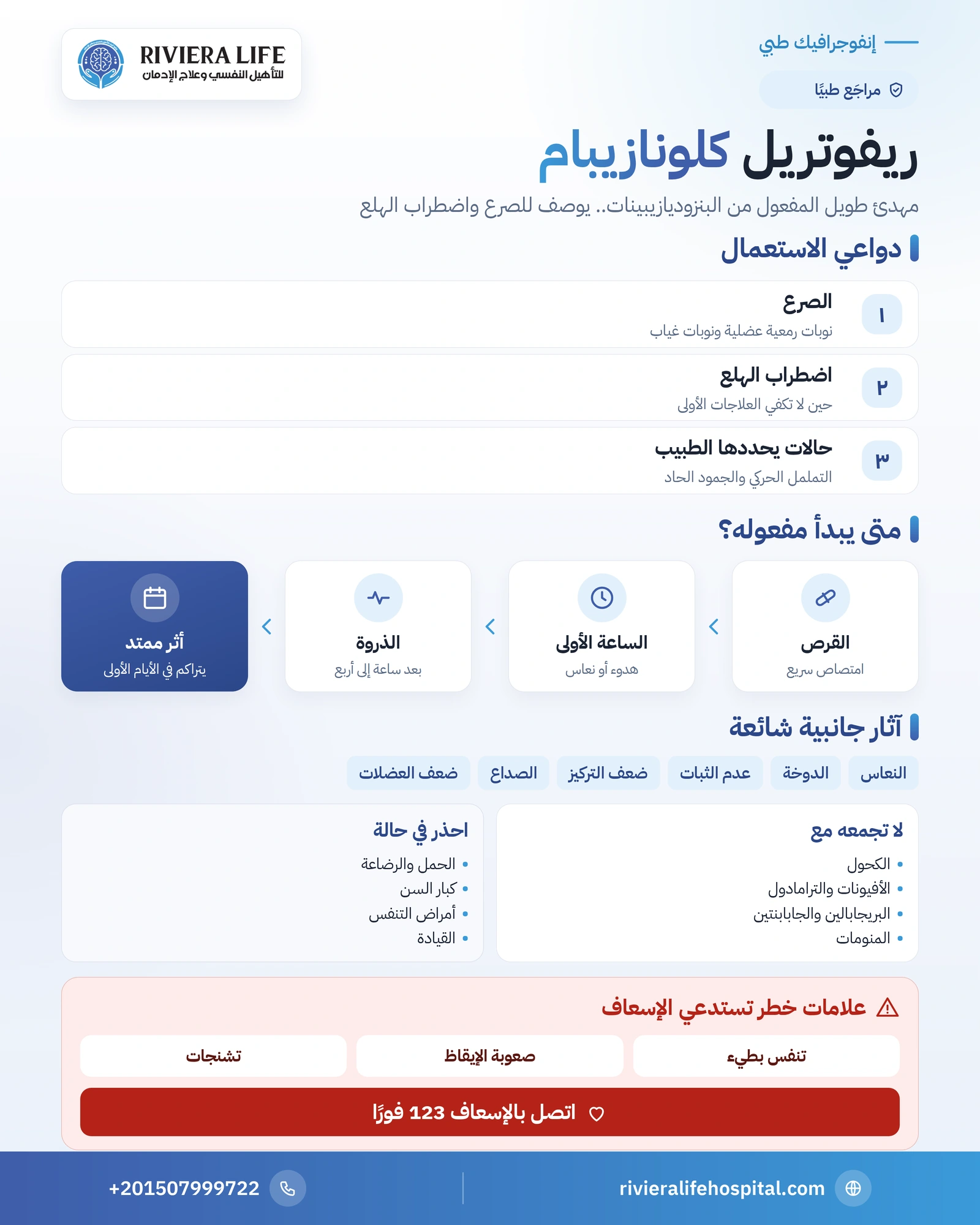 ريفوتريل (Rivotril): دواعي الاستعمال ومتى يبدأ مفعوله والآثار الجانبية 1 إنفوجرافيك ريفوتريل (كلونازيبام): دواعي الاستعمال ومتى يبدأ مفعوله والآثار الجانبية والتداخلات الخطيرة — ريفيرا لايف