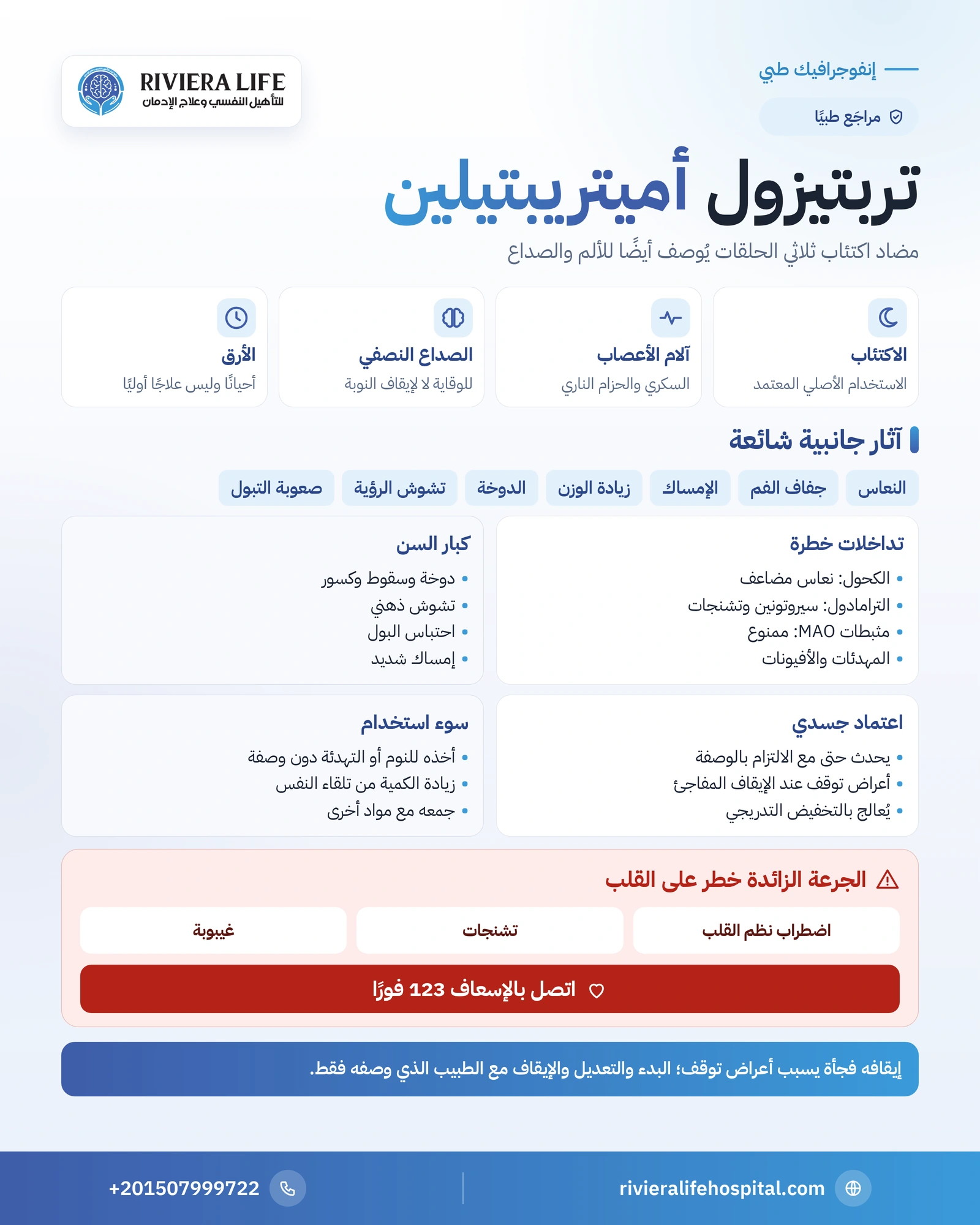 تربتيزول (أميتريبتيلين): استخداماته وآثاره الجانبية ومخاطره 1 إنفوجرافيك استخدامات تربتيزول وآثاره الجانبية وتداخلاته مع الكحول والترامادول — ريفيرا لايف